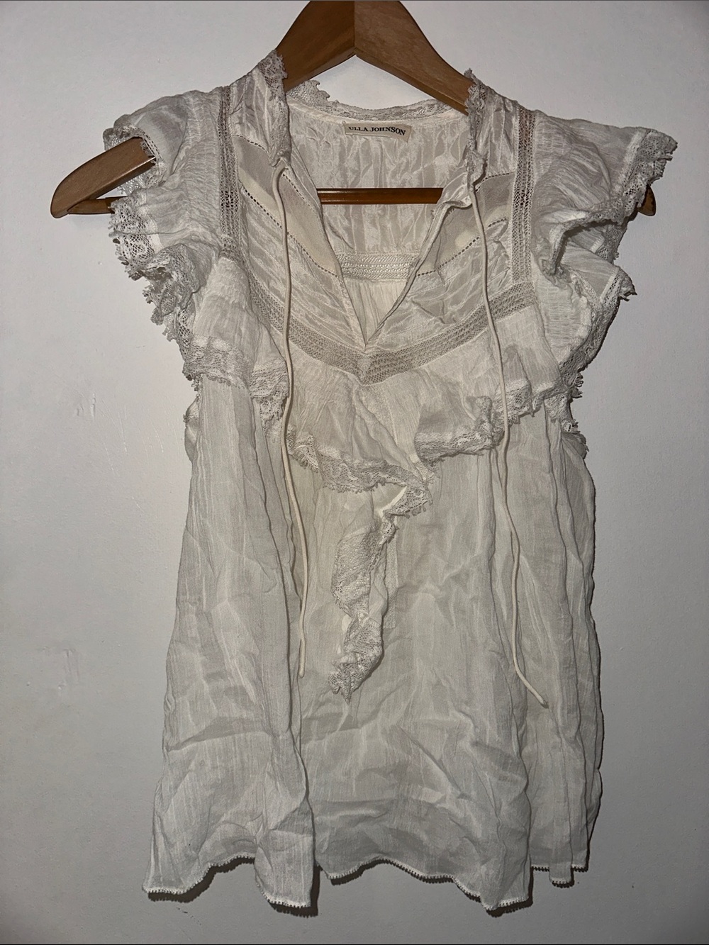 Ulla Johnson Cream Ruffle Lace-Trim Peasant Blouse